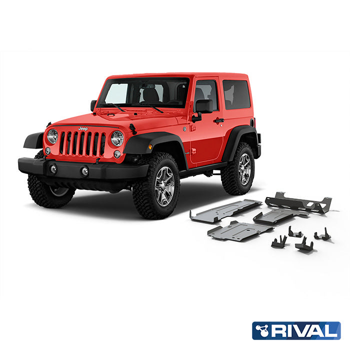 Rival Unterfahrschutz Alu 6mm für Jeep Wrangler, 2018-2021, 2-Doors 2.0T; 3.6 aluminum bumper!, full kit (5 pcs), Silver, Aluminum