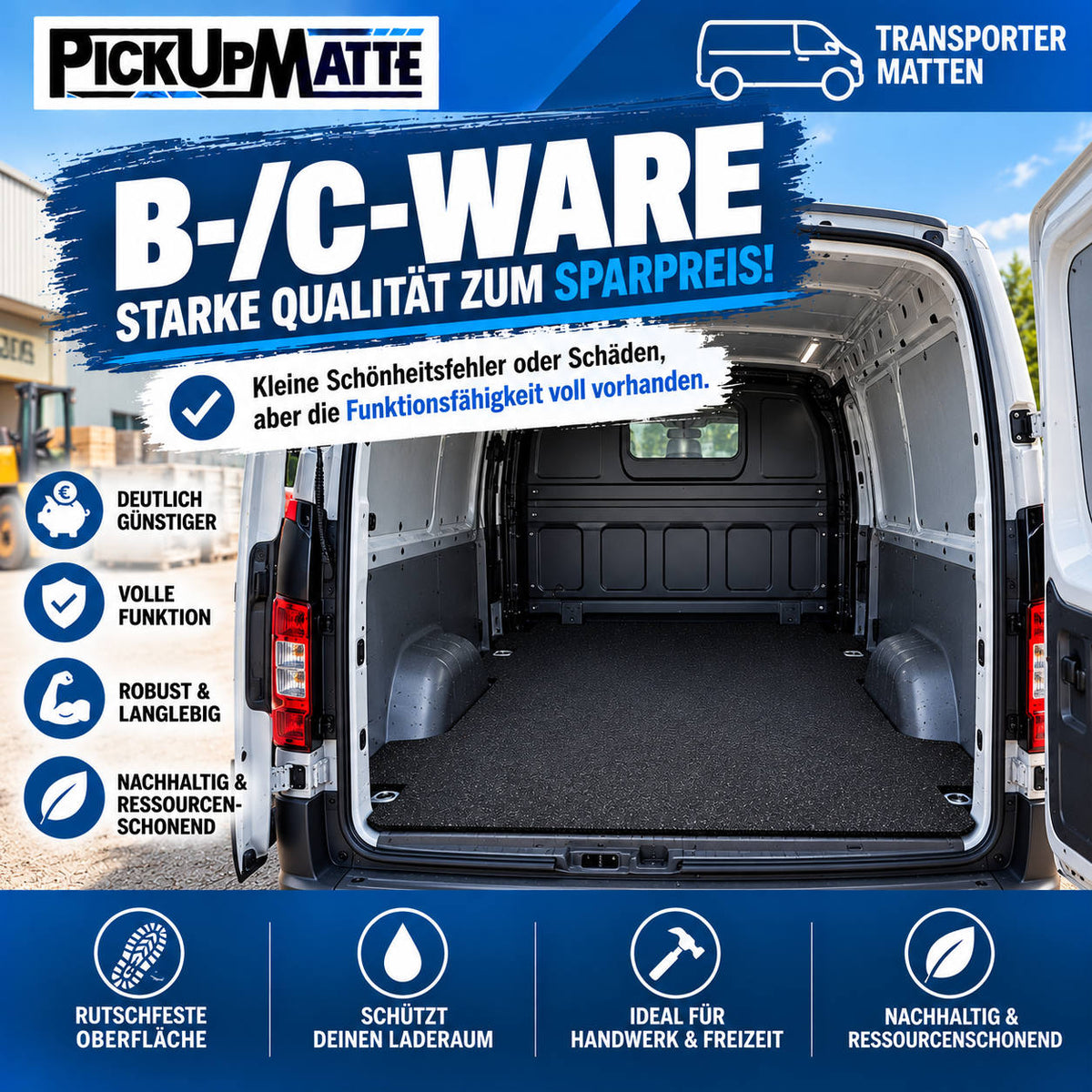 C-Ware Antirutschmatte StrongLine 8 mm – Ford Transit Custom / VW T7 Kastenwagen | L1 (5.050 mm) | ab 10/2023 | Holzboden | Schiebetüren beidseitig | Flügeltüren