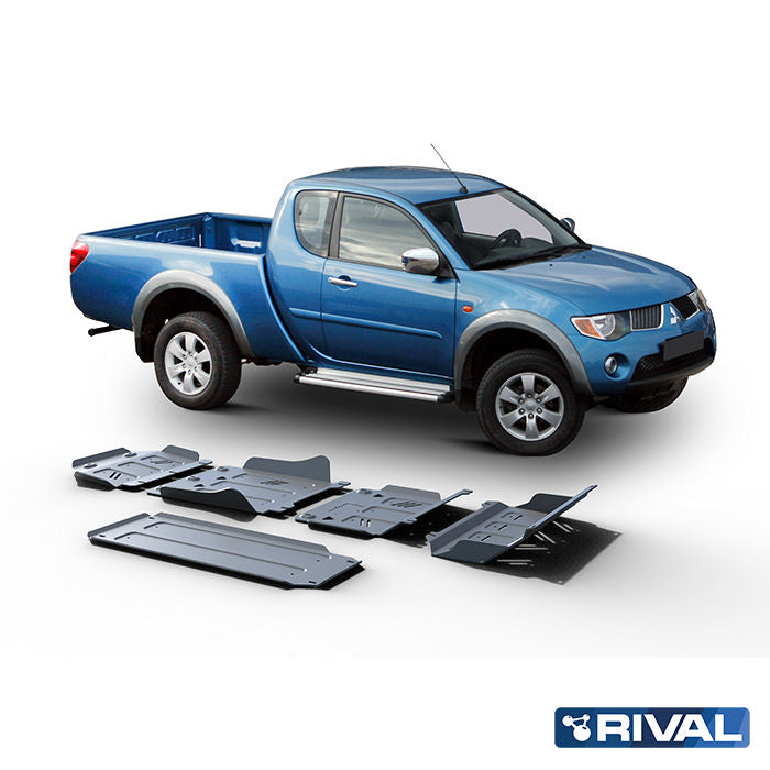 Rival Unterfahrschutz Alu 6mm für Mitsubishi L200 / Triton, 2007-2015, 2,5TD Double Cab only, full kit w/ tank (5 pcs), Silver, Aluminum