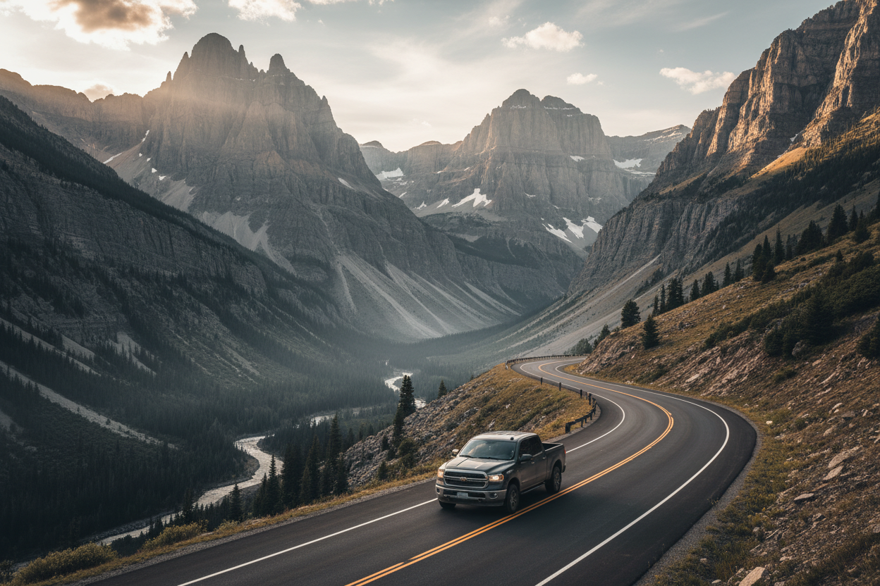 erstelle ein bild von einer straße durch die berge wo ein pickup entlang fährt