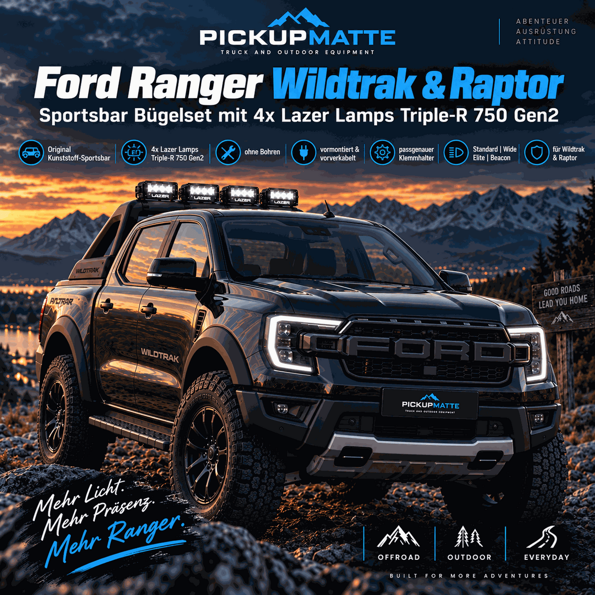 Ford Ranger Wildtrak & Raptor Sportsbar Bügelset | 4x Lazer Lamps Triple-R 750 Gen2