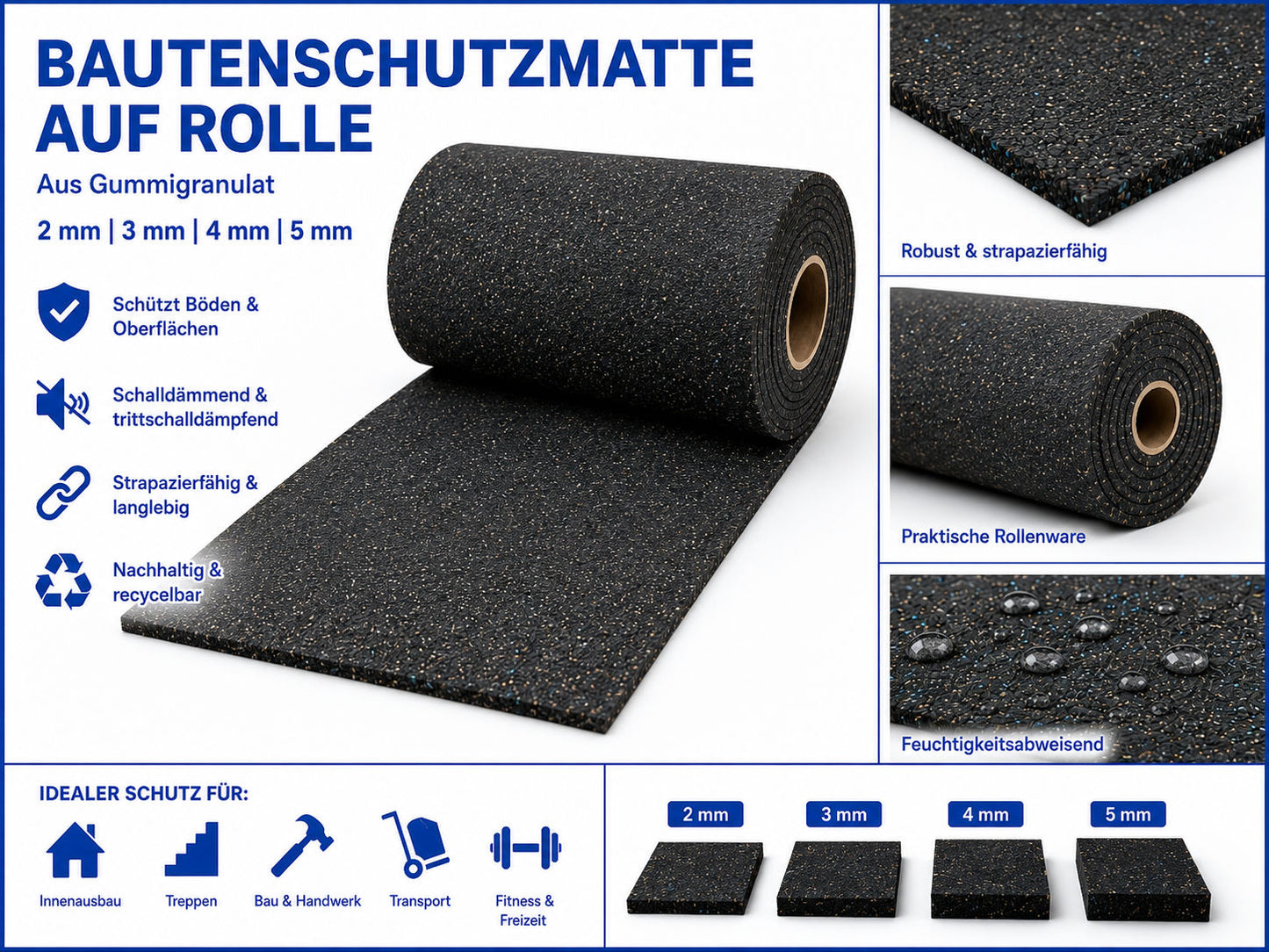 Bautenschutzmatte 5 mm aus Gummigranulat – Streifen und Rollenware
