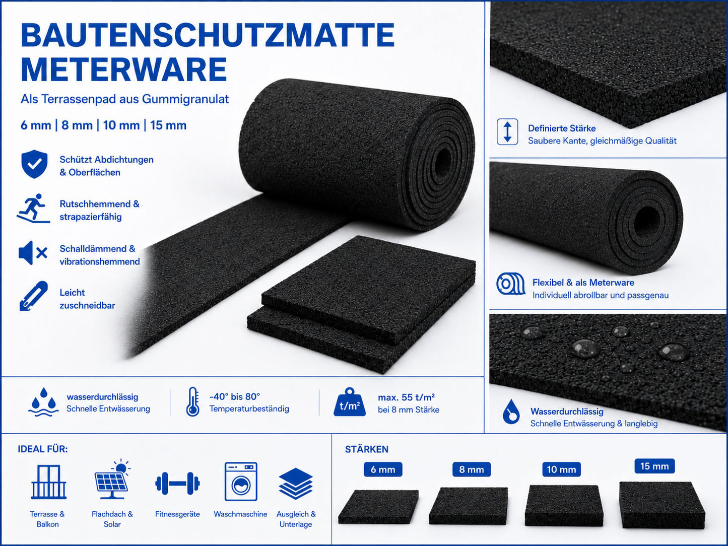 Bautenschutzmatte 10 mm aus Gummigranulat – Meterware für Terrasse, Dach & Bodenschutz