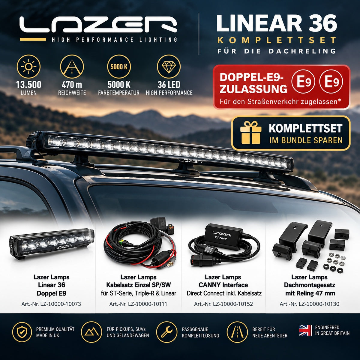 Lazer Lamps Linear 36 LED Lightbar Komplettset für Dachreling inkl. CANNY Interface & Montagesatz