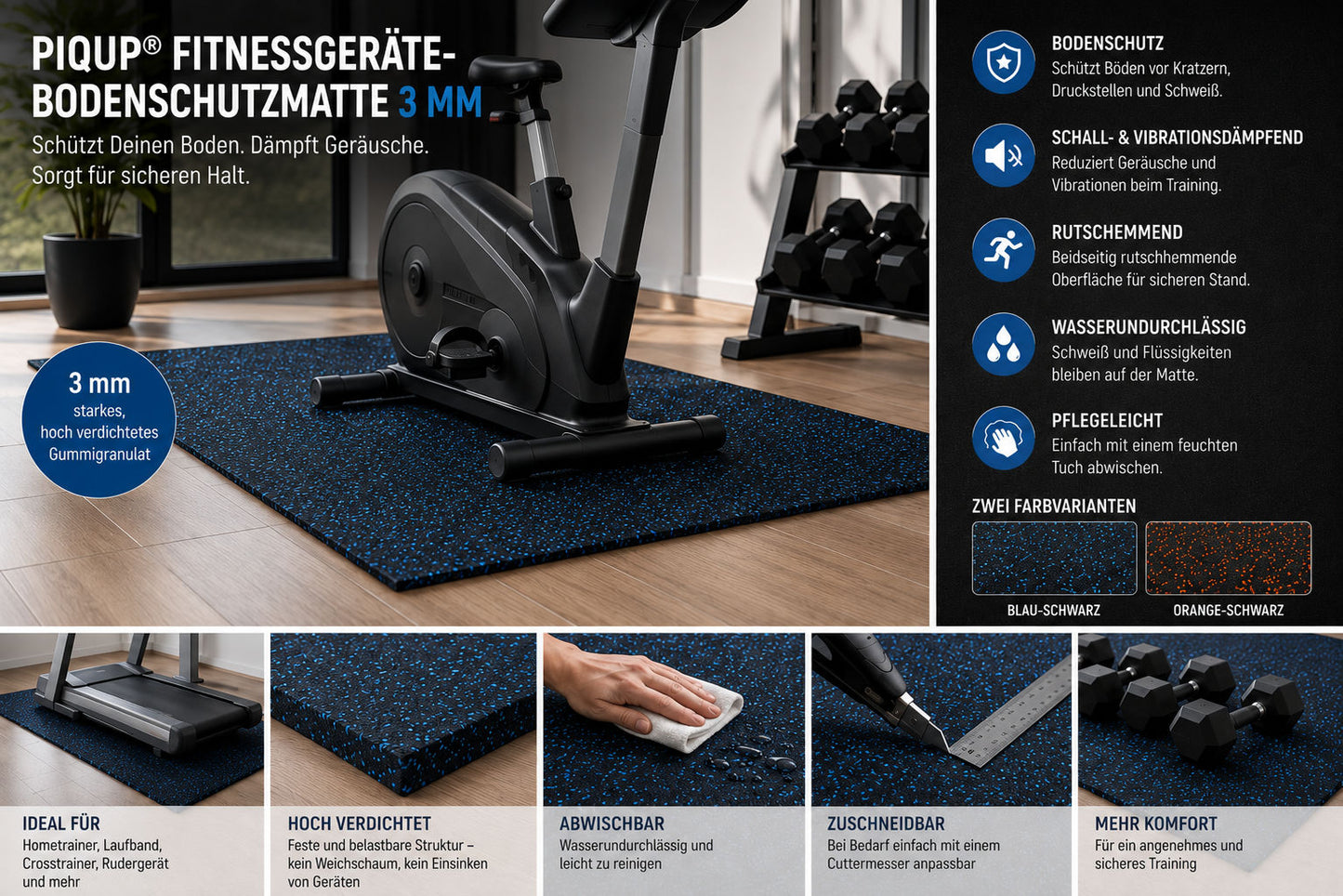PIQUP® Fitnessgeräte-Bodenschutzmatte 3 mm – Unterlegmatte für Hometrainer, Laufband & Crosstrainer