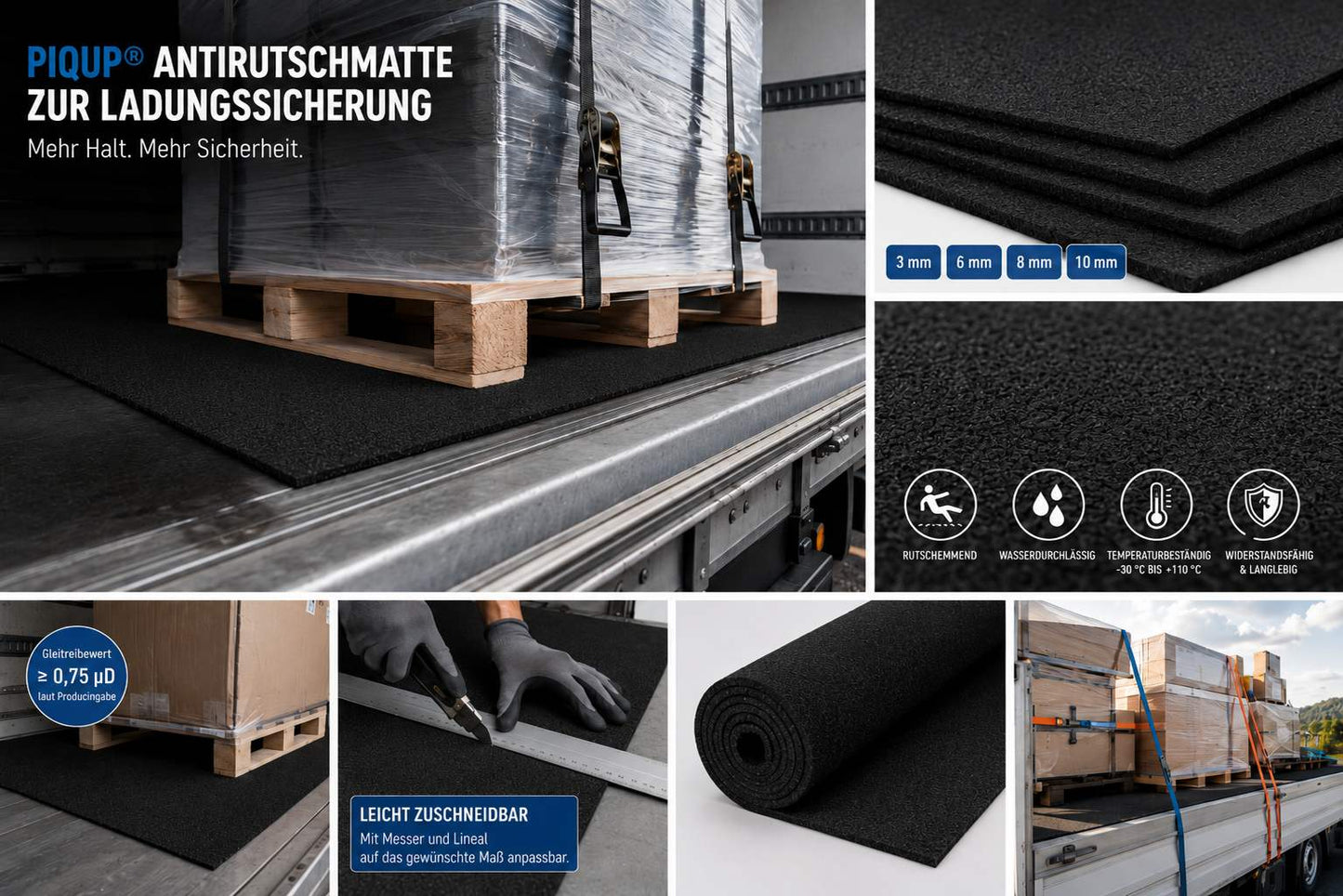PIQUP® Antirutschmatte zur Ladungssicherung für LKW, Transporter & Anhänger – 3 bis 10 mm